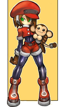 1girl :3 absurdres aile_(mega_man_zx) animal belt black_bodysuit black_legwear blush blush_stickers bodystocking bodysuit bodysuit_under_clothes border brown_gloves brown_hair newsboy_cap capcom cosplay cropped_jacket dakusuta data_(mega_man) female_focus full_body gloves green_eyes hat highres holding holding_animal layered_sleeves legs_apart long_sleeves mega_man_(series) mega_man_legends_(series) mega_man_zx monkey outside_border pantyhose pantyhose_under_shorts red_footwear red_hat red_shorts roll_caskett_(mega_man) roll_caskett_(mega_man)_(cosplay) short_hair short_over_long_sleeves short_shorts short_sleeves shorts smile solo_focus standing white_border yellow_background