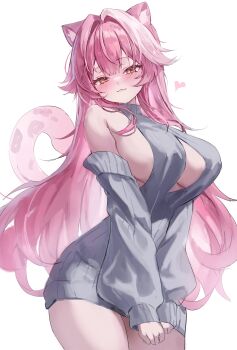 1girl absurdres animal_ears bare_shoulders blush breasts closed_mouth detached_sleeves grey_sleeves grey_sweater hair_intakes heart highres hololive hololive_english large_breasts long_hair long_sleeves looking_at_viewer multicolored_hair panther_ears panther_girl panther_tail pink_hair pink_tail raora_panthera simple_background sleeves_past_wrists smile solo streaked_hair sweater tail teru_(s2_teru) thighs virgin_killer_sweater virtual_youtuber white_background yellow_eyes