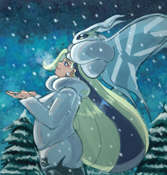 1girl absurdres blue_eyes breasts breath bug dietranch earrings frosmoth fur_collar fur_hat gen_8_pokemon hat highres insect jewelry long_hair long_sleeves mature_female melony_(pokemon) moth multicolored_hair nintendo pantyhose pantyhose_under_shorts pearl_earrings pine_tree plump pokemon pokemon_(creature) pokemon_swsh shorts side_slit side_slit_shorts smile snowing streaked_hair sweater tree ushanka white_hat white_sweater