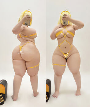 1girl 2024 absurdres ahoge alternate_costume ass bag bare_shoulders bikini blonde_hair breasts bursting_breasts bush can cellphone cellulite chochomi colored_inner_hair cosplay cosplay_photo covered_face day elegg_(nikke) elegg_(nikke)_(cosplay) eyepatch_bikini female_focus from_behind goddess_of_victory:_nikke hair_intakes highres holding holding_can huge_ass japanese_(nationality) legs_apart medium_hair multicolored_hair navel one-piece_swimsuit phone photo_(medium) photo_background plump real_life sideboob simple_background slingshot_swimsuit smartphone solo standing string_bikini swimsuit thick_thighs thigh_strap thighs thong_bikini toes tree underboob upright_ahoge uyuy2907 v w_arms white_background wide_hips yellow_bag yellow_bikini yellow_one-piece_swimsuit