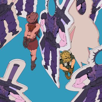 Rule 34 | 1girl, 2boys, armor, arms behind back, baggy pants, bare shoulders, black gloves, black hair, blonde hair, blue background, boots, brown boots, brown gloves, brown skirt, brown vest, buster sword, cloud strife, commentary, cowboy boots, cowboy hat, crisis core: final fantasy vii, crop top, english commentary, final fantasy, final fantasy vii, from above, from behind, gloves, hat, hiding, highres, long hair, multiple boys, official alternate costume, pants, shinra infantry uniform, short hair, shoulder armor, sitting, skirt, sleeveless, sleeveless turtleneck, spiked hair, suspenders, sweater, sword, sword on back, tifa lockhart, tifa lockhart (cowgirl), turtleneck, turtleneck sweater, vest, walking, weapon, weapon on back, worldformula, zack fair