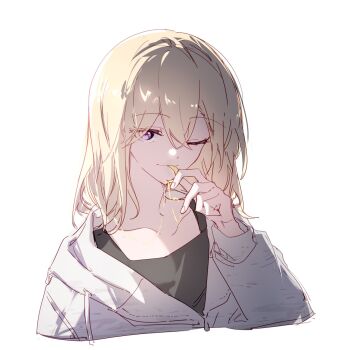 1girl bang_dream! bang_dream!_it's_mygo!!!!! black_shirt blonde_hair grey_jacket hair_between_eyes hibioes highres jacket jewelry long_sleeves medium_hair misumi_uika necklace one_eye_closed purple_eyes shirt simple_background solo upper_body white_background