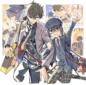 1boy 1other ahoge androgynous bag belt black_hair black_jacket black_pants black_shirt chest_harness closed_eyes collared_shirt collared_vest dress_pants eating fate/grand_order fate_(series) formal_clothes grey_jacket grey_suit grey_vest harness hat highres jacket katana lapels long_sleeves looking_at_another low_ponytail miyamoto_iori_(celebratory_attire)_(fate) miyamoto_iori_(fate) necktie newsboy_cap notched_lapels pants plaid_clothes plaid_pants pointing ponytail red-framed_eyewear sheath sheathed shirt shoulder_bag smile sparkle suit suit_jacket sword sword_on_back toramaru_(696anna) unbuttoned_jacket vest weapon weapon_on_back white_belt white_necktie white_shirt yamato_takeru_(fate) yamato_takeru_(second_ascension)_(fate) yellow_eyes