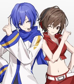 1boy 1girl belt blue_eyes blue_hair blue_scarf breasts brown_eyes brown_hair coat commentary crop_top derivative_work grin hand_on_own_hip headset hetero highres kaito_(vocaloid) looking_at_viewer medium_breasts meiko_(vocaloid) midriff miniskirt navel one_eye_closed red_shirt red_skirt scarf screenshot_redraw shirt short_hair skirt smile suj278 vocaloid white_belt white_coat