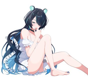 1girl animal_ears barefoot black_choker black_hair blue_bow blue_eyes blue_hair blue_nails bow breasts choker cleavage closed_mouth erina_makina hair_between_eyes highres mechanical_arms multicolored_hair nail_polish namazu02_tky phase_connect second-party_source single_mechanical_arm solo streaked_hair tail tail_bow tail_ornament tiger_ears tiger_girl tiger_tail toenail_polish toenails virtual_youtuber