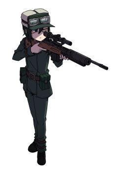 1girl androgynous belt belt_buckle belt_pouch black_boots black_hair blush boots brown_belt buckle closed_mouth combat_boots commission dot_mouth full_body goggles goggles_on_headwear green_eyes green_hat green_jacket green_pants gun hair_between_eyes hat highres holding holding_gun holding_weapon jacket karepack kino_(kino_no_tabi) kino_no_tabi long_bangs long_sleeves one_eye_closed pants pouch rifle scope shaded_face short_hair simple_background solo standing tomboy ushanka very_short_hair weapon weapon_request white_background