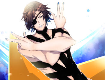 Rule 34 | 1boy, alternate costume, blue nails, brown hair, date masamune (sengoku basara), double v, eyepatch, grin, highres, hot limit, looking at viewer, male focus, nail polish, sengoku basara, siso zakura03, slit pupils, smile, solo, t.m.revolution, upper body, v, white background, yellow eyes
