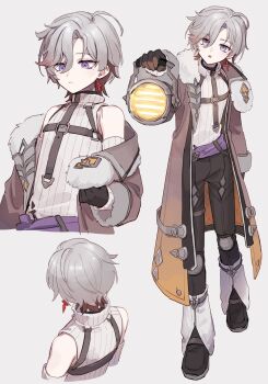 Rule 34 | 1boy, :o, black boots, black gloves, black pants, blue eyes, boots, chest harness, closed mouth, coat, detached sleeves, earrings, facing away, from behind, fur-trimmed coat, fur-trimmed sleeves, fur trim, genshin impact, gloves, grey background, grey coat, grey hair, hair between eyes, hand up, harness, highres, holding, holding lantern, illuga (genshin impact), jewelry, knee pads, lantern, lapels, leg warmers, long sleeves, looking at viewer, male focus, mole, mole under eye, multicolored hair, multiple views, off shoulder, open clothes, open coat, open mouth, pants, parted bangs, purple sash, red hair, ribbed sleeves, ribbed sweater, sash, short hair, simple background, single earring, sleeveless, sleeveless sweater, soto, sweater, turtleneck, turtleneck sweater, two-tone hair, upper body, vision (genshin impact), white leg warmers, white sleeves, white sweater