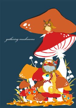 autumn blue_background gen_1_pokemon gen_2_pokemon headscarf hoothoot manami_(uovoegg) mushroom nintendo no_humans on_mushroom paras picnic_basket pokemon pokemon_(creature) polka_dot_headwear sandshrew simple_background sitting sitting_on_mushroom