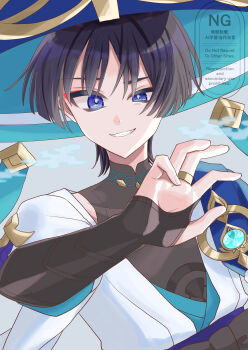 1boy absurdres anemo_symbol_(genshin_impact) armor black_bodysuit black_bow black_bridal_gauntlets black_hair blue_cape blue_gem blue_hat blue_jingasa blue_kimono blue_sleeves blunt_ends bodysuit bow bridal_gauntlets bright_pupils cape choppy_bangs commentary_request covered_collarbone eyeliner fingernails gem genshin_impact gold gold_ring grey_background grin hand_up hat highres japanese_armor japanese_clothes jingasa juban kimono kote kurokote layered_sleeves looking_at_viewer makeup male_focus mandarin_collar middle_ring mimiko_(nekonekomiruo) open_clothes open_hand open_kimono pom_pom_(clothes) portrait purple_eyes purple_rope purple_sash red_eyeliner rope sash scaramouche_(genshin_impact) short_sleeves shoulder_peek side_cape smile solo tsurime uneven_eyes wanderer_(genshin_impact) watermark white_kimono white_pupils white_sleeves