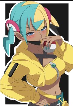 1girl absurdres aqua_hair black_background black_mask blonde_hair blue_eyes blue_nails blush border breasts canari_(pokemon) dark-skinned_female dark_skin hair_ornament hand_on_own_hip highres jacket kareha_(yomogi888) long_sleeves looking_at_viewer mask mouth_mask multicolored_hair navel nintendo pants poke_ball poke_ball_(basic) pokemon pokemon_legends:_z-a short_twintails solo split-color_hair twintails two-tone_hair two-tone_mask v-shaped_eyebrows white_border yellow_jacket yellow_mask yellow_nails zipper zipper_pull_tab