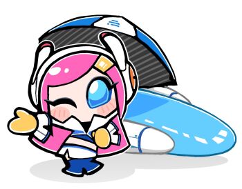 1girl alternate_costume bkub blue_eyes blue_shirt blush_stickers crop_top formula_star full_body gloves hair_ornament hairclip highres holding holding_umbrella jacket kirby_(series) kirby_air_ride kirby_air_riders long_hair looking_at_viewer nintendo one_eye_closed pink_hair race_queen rayman_limbs shirt simple_background skirt solo susie_(kirby) umbrella white_background white_jacket white_skirt yellow_gloves