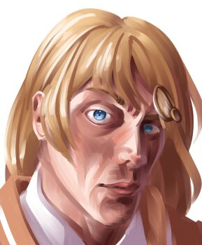 1girl absurdres blonde_hair blue_eyes fusion hair_ornament highres hololive hololive_english jqhnharqld meme portrait real_life simple_background the_rock's_eyebrow_raise_(meme) the_rock_(dwayne_johnson) vine_boom_(meme) virtual_youtuber watson_amelia white_background