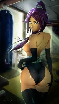 1girl abo-leuk absurdres arm_sleeves arms_at_sides ass back black_thighhighs bleach breasts curvy dark-skinned_female dark_skin dumbbell female_focus from_behind gym hair_over_shoulder hairband hand_on_ass happy head_tilt highres indoors legs legs_together light_particles light_rays locker long_hair looking_at_viewer looking_back looking_to_the_side multicolored_eyes original punching_bag purple_hair rainbow_eyes shihouin_yoruichi shiny_skin sideboob smile smirk solo standing sunlight sweat sweatdrop thighhighs topless_female yellow_eyes yoga_mat