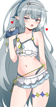 1girl bikini commentary english_commentary female_tyrant_(stella_sora) flat_chest grey_hair highres long_hair navel phone pointy_ears sari_(zakura27502762) solo stella_sora swimsuit tyrant_(stella_sora) very_long_hair white_background white_bikini