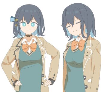 1girl :3 absurdres aged_up alternate_breast_size_(larger) black_collar black_hair blue_bow blue_eyes blue_hair blue_vest blush bow bowtie breasts bright_pupils brown_jacket closed_eyes collar collarbone colored_inner_hair commentary_request crossed_bangs double-parted_bangs dress_shirt hair_between_eyes hair_bow hair_ornament hairpin hands_on_own_hips highres jacket long_sleeves looking_at_viewer medium_breasts medium_hair miyamai_moca multicolored_hair multiple_views open_clothes open_jacket orange_bow orange_bowtie parted_lips shirt sidelocks simple_background sleeves_past_wrists tuitou upper_body v-neck vest voiceroid white_background white_pupils white_shirt