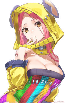 Rule 34 | 1girl, 404 game re:set, breasts, cleavage, dress, highres, hood, hood up, hoodie, kurubushi no katamari, large breasts, medium hair, microdress, multicolored dress, off shoulder, open clothes, open hoodie, pac-man (game), parted bangs, pink hair, yellow eyes, yellow hood, yellow hoodie