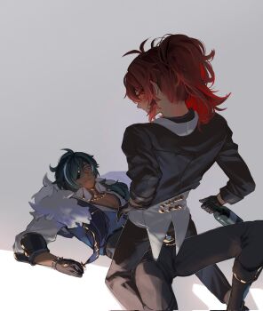 2boys black_gloves black_pants blue_eyes blue_hair bottle boy_on_top corrupted_twitter_file dark-skinned_male dark_skin diluc_(genshin_impact) genshin_impact gloves highres holding holding_bottle inseki kaeya_(genshin_impact) long_hair male_focus multiple_boys pants pectoral_cleavage pectorals red_eyes red_hair spiked_gloves wine_bottle yaoi zehuij