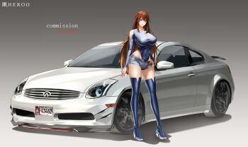 1girl absurdres artist_name blue_boots blue_leotard boots breasts brown_hair car closed_mouth commentary covered_navel denim denim_shorts english_commentary full_body green_eyes grey_background high_heel_boots high_heels highres large_breasts leotard lips long_hair long_sleeves looking_at_viewer louu_heroo motor_vehicle original shorts simple_background smile solo standing thigh_boots thighs toyota vehicle_request