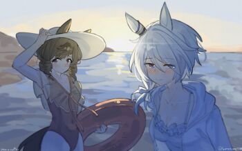 Rule 34 | 2boys, 2girls, animal ears, beach, blue eyes, blue hair, blue jacket, blue one-piece swimsuit, blush, breasts, brown hair, casual one-piece swimsuit, closed mouth, collarbone, commentary request, covered navel, daiichi ruby (umamusume), drill hair, ears through headwear, hat, highres, holding, holding swim ring, hood, hooded jacket, horse ears, horse girl, horse tail, innertube, jacket, k.s.miracle (umamusume), long hair, looking at viewer, multiple boys, multiple girls, one-piece swimsuit, outdoors, purple eyes, red one-piece swimsuit, saramiao-chan, short hair, side drill, sky, small breasts, smile, sun hat, swim ring, swimsuit, tail, umamusume, water