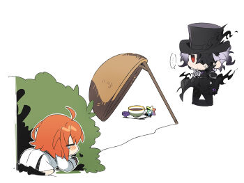... 1boy 1girl agata720 ahoge arms_at_sides black_gauntlets black_hair black_mask black_pants black_socks bush chibi closed_eyes clothing_cutout colored_tips crawling drop_trap edmond_dantes_(fate) expressionless facing_another fate/grand_order fate_(series) flower fujimaru_ritsuka_(female) fujimaru_ritsuka_(female)_(decisive_battle_chaldea_uniform) full_body gauntlets glove_cutout grey_hair hat long_sleeves looking_to_the_side medium_hair multicolored_hair one_eye_covered orange_eyes orange_hair pants red_eyes rose saint_quartz_(fate) side_cape sideways_glance simple_background single_gauntlet socks speech_bubble tearing_up the_count_of_monte_cristo_(fate) the_count_of_monte_cristo_(first_ascension)_(fate) top_hat white_background white_flower white_rose
