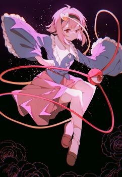 1girl ahoge black_background black_hairband blue_shirt closed_mouth commentary_request full_body hairband heart highres komeiji_satori light_particles long_sleeves looking_at_viewer nymphus pink_eyes pink_hair pink_skirt shirt short_hair sidelocks simple_background skirt socks solo third_eye touhou white_socks wide_sleeves