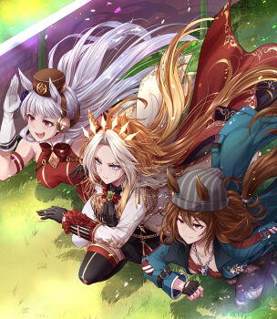 animal_ears blunt_bangs bow bowtie breasts brown_hat dress ear_bow ear_covers ear_ribbon gloves gold_ship_(red_strife)_(umamusume) gold_ship_(umamusume) grey_hair hat highres horse_ears horse_girl horse_tail horseshoe_ornament long_hair multiple_girls nakayama_festa_(shichuukyuukatsu)_(umamusume) nakayama_festa_(umamusume) open_mouth orfevre_(control)_(umamusume) orfevre_(umamusume) pillbox_hat purple_bow purple_eyes red_dress sailor_collar sailor_shirt shirt smile stay_gold_clan_(umamusume) tail umamusume yue_(lov_n_n)