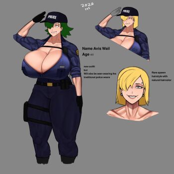 1girl avis_(strangehero) blonde_hair breasts character_name character_profile cleavage english_text eyebrow_piercing face_piercing female_focus grey_background grey_hair highres huge_breasts mole mole_under_mouth muscular muscular_female original piercing police police_uniform policewoman salute short_hair solo standing strangehero