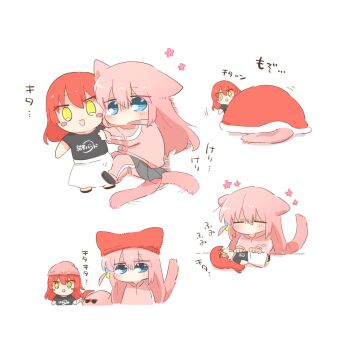 Rule 34 | 1girl, :d, animal ears, blue eyes, blush, blush stickers, bocchi the rock!, cat ears, cat girl, cat tail, character doll, chibi, chibi only, commentary request, cube hair ornament, doll, dual persona, gotoh hitori, gotoh hitori (tsuchinoko), grey skirt, hair between eyes, hair ornament, hat, jacket, kemonomimi mode, kessoku band t-shirt, kita ikuyo, long hair, one side up, open mouth, pants, pants under skirt, pink hair, pink jacket, pink pants, pleated skirt, rebecca (keinelove), red hat, simple background, skirt, smile, tail, track jacket, translation request, white background