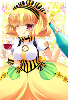 1girl 2000s_(style) :q alcohol arm_up black_choker blonde_hair bottle breasts choker cleavage cleavage_cutout clothing_cutout commentary_request covered_erect_nipples cup drinking_glass floral_background flower hairband head_tilt large_breasts light_blush meryl_tanashi neon_ui one_eye_closed petite puffy_short_sleeves puffy_sleeves red_eyes red_wine rose_guns_days shirt short_hair short_sleeves skirt striped_clothes striped_collar striped_hairband striped_wristband tongue tongue_out vertical-striped_collar vertical-striped_ribbon white_shirt wine wine_bottle wine_glass wristband yellow_flower yellow_skirt