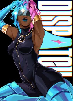 1girl armlet arms_up black_background black_bodysuit blue_boots blue_lips bodysuit boots breasts copyright_name dark-skinned_female dark_skin dispatch elbow_gloves gloves highres jewelry lipstick makeup mole mole_above_mouth multicolored_hair prism_(dispatch) small_breasts stitchedspider sunglasses thigh_boots two-tone_hair