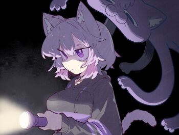 Rule 34 | 1girl, ahoge, animal ears, black background, black hoodie, breasts, cat ears, cat girl, cat tail, cocomayo29 (tomato), commentary request, flashlight, highres, holding, holding flashlight, hololive, hood, hood down, hoodie, korean commentary, large breasts, nekomata okayu, nekomata okayu (1st costume), okanyan (nekomata okayu), purple eyes, purple hair, short hair, tail, virtual youtuber