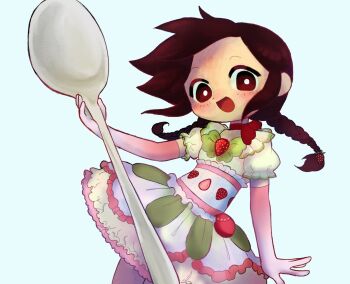 Rule 34 | 1girl, asa (asagh0st), bow, bow choker, braid, bright pupils, brown eyes, brown hair, choker, commentary, dress, english commentary, food, fruit, funamusea, green bow, highres, holding, holding spoon, kurai yonaka, light blush, long hair, looking at viewer, mogeko castle, open mouth, oversized object, oversized spoon, pink dress, puffy dress, puffy short sleeves, puffy sleeves, red bow, red choker, short sleeves, simple background, smile, solo, spoon, strawberry, twin braids, upper body, white background, white pupils