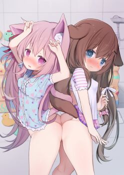 2girls animal_ear_fluff animal_ears arashiya arms_up ass ass-to-ass azur_lane back-to-back bathroom blue_eyes blue_shirt blush bottomless breasts brown_hair cat_ears cat_girl cat_tail commission commissioner_upload crescent crescent_hair_ornament dog_ears dog_girl dog_tail ear-to-ear ears_touching female_focus from_side fumizuki_(azur_lane) hair_ornament hairclip heart heart_print indoors intertwined_tails kisaragi_(azur_lane) kodomo_doushi loli long_hair looking_at_viewer multiple_girls pink_eyes pink_hair print_shirt ribbon rubber_duck shirt short_sleeves side_ponytail skeb_commission small_breasts tail thighs twintails very_long_hair white_shirt yuri