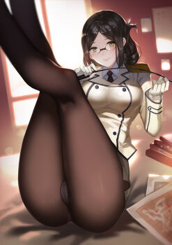 10s 1girl alternate_hair_color ass bad_id bad_pixiv_id black_hair black_pantyhose breasts epaulettes female_focus folded_ponytail glasses gloves green_eyes kantai_collection katori_(kancolle) legs legs_up looking_at_viewer map military military_uniform panties panties_under_pantyhose pantyhose riding_crop sitting skirt solo underwear window yykuaixian