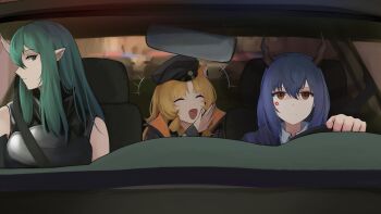 3girls absurdres anger_vein animal_ears arknights bare_shoulders black_shirt blue_hair blue_jacket car ch&#039;en_(arknights) closed_mouth commentary dragon_girl dragon_horns drill_hair drill_sidelocks driving english_commentary expressionless fang green_hair grey_eyes hair_between_eyes highres horns hoshiguma_(arknights) jacket laughing lavriell long_hair looking_at_viewer motor_vehicle multiple_girls necktie open_mouth orange_necktie red_eyes shirt sidelocks single_horn skin-covered_horns swire_(arknights) tiger_ears tiger_girl upper_body white_shirt