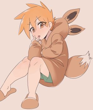 1boy aged_down alternate_costume blue_oak brown_slippers commentary_request cosplay eevee eevee_(cosplay) eevee_ears eevee_tail gen_1_pokemon green_shorts hair_between_eyes hand_up highres hood hood_down knees knees_together_feet_apart kurogomasan long_sleeves looking_at_viewer male_focus nintendo open_mouth orange_hair pokemon pokemon_rgby shorts sitting sleeves_past_wrists slippers solo spiked_hair