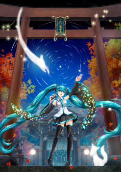 1girl absurdly_long_hair aqua_eyes aqua_hair autumn_leaves boots hair_ornament hatsune_miku highres kyoto leaf long_hair maple_leaf microphone outdoors skirt sky star_(sky) star_trail starry_sky thigh_boots thighhighs torii twintails very_long_hair vocaloid wide_shot