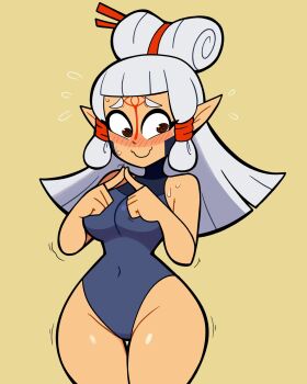 1girl @_@ blush breasts brown_eyes covered_navel curvy female_focus highres large_breasts leotard long_hair narrow_waist nintendo paya_(zelda) pointy_ears scott_falco solo sweat the_legend_of_zelda the_legend_of_zelda:_breath_of_the_wild thick_thighs thigh_gap thighs white_hair wide_hips