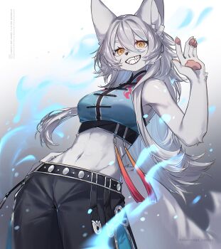 1girl :d absurdres animal_ear_fluff animal_ears animal_nose arm_up black_pants blue_fire blue_shirt body_fur breasts chinese_clothes claws clenched_teeth commentary_request cowboy_shot crop_top double-parted_bangs fangs fire foreshortening furry furry_female gradient_background grey_background hair_between_eyes hand_up highres kawarage_yatano large_breasts light_particles linea_alba long_hair looking_at_viewer mandarin_collar medium_breasts navel open_mouth original pants parted_lips pawpads shirt sleeveless smile stomach tail teeth toned toned_female waving white_background white_fur white_hair wolf_ears wolf_girl wolf_tail yellow_eyes