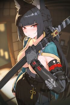 1girl absurdres animal_ear_fluff animal_ears aqua_jacket arm_guards black_gloves black_hair black_skirt blunt_bangs blurry blurry_background breasts closed_mouth commentary convenient_censoring english_commentary fingerless_gloves fox_ears fox_girl gloves hair_pulled_back high-waist_skirt highres holding holding_sword holding_weapon hoshimi_miyabi jacket katana large_breasts long_hair mechanical_hands nvl orange_eyes shouji sidelocks single_fingerless_glove single_mechanical_hand skirt sliding_doors sword topless_female twitter_username weapon zenless_zone_zero