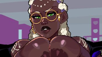 1girl animated animated_gif between_breasts bodypaint bouncing_breasts braid braided_ponytail breasts breasts_out breasts_squeezed_together brown_lips cornrows cum cum_on_body cum_on_breasts cum_on_eyewear cum_on_upper_body dark-skinned_female dark_nipples dark_skin dieselbrain dolores_(kof) ejaculation erection facial female_focus glasses gold grabbing_own_breast green_eyes hands_on_own_chest implied_paizuri implied_sex jewelry jiggle large_areolae large_breasts long_hair looking_at_viewer multicolored_hair nipple_slip nipples open_clothes paizuri parted_lips pov puffy_nipples purple_hair round_eyewear shaking smile smirk the_king_of_fighters the_king_of_fighters_xv thick_lips two-tone_hair very_dark_skin wet white_hair