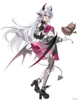 1girl absurdres bandaged_leg bandages black_shoes black_skirt cellphone demon_horns demon_tail demon_wings full_body grey_hair hair_ornament heartki high_heels highres holding holding_phone horns long_hair long_sleeves low_wings original parted_lips phone puffy_long_sleeves puffy_sleeves red_eyes shoes single_thighhigh skirt smartphone solo tail thighhighs torn_clothes torn_thighhighs very_long_hair wings x_hair_ornament