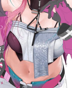 1girl absurdres arknights arknights:_endfield breasts cleavage commentary_request crop_top crop_top_overhang cropped_jacket detached_sleeves gloves head_out_of_frame highres jacket large_breasts long_hair navel pink_gloves pink_hair pink_jacket shorts simple_background sleeveless sleeveless_jacket solo stomach tarutaru_(ryousuke) upper_body white_background white_shorts yvonne_(arknights)