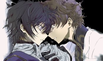 2boys 8de3wn black_gloves black_hair breath brown_hair clothes_grab code_geass eye_contact from_side gloves highres jacket kururugi_suzaku lelouch_vi_britannia looking_at_another male_focus messy_hair multiple_boys noses_touching profile simple_background sweat upper_body yaoi