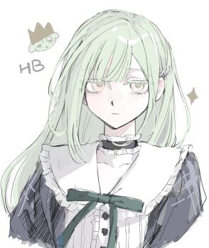 Rule 34 | 1girl, bang dream!, bang dream! it's mygo!!!!!, black choker, blush, choker, closed mouth, commentary, frilled choker, frills, green hair, green ribbon, hair ornament, hairclip, happy birthday, highres, kuukip, long hair, neck ribbon, ribbon, simple background, solo, sparkle, symbol-only commentary, upper body, wakaba mutsumi, white background