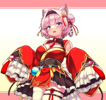 1girl animal_ears black_hairband blue_eyes blush bow braid braided_hair_rings breasts brown_corset brown_skirt china_dress chinese_clothes cleavage corset detached_sleeves double_bun dress gradient_eyes hair_bun hair_intakes hair_ornament hair_ribbon hair_rings hairband hakui_koyori highres hololive large_breasts legwear_garter long_sleeves medium_hair multicolored_eyes open_mouth pink_hair purple_eyes red_background red_dress red_ribbon red_sleeves ribbon single_legwear_garter skirt sleeves_past_fingers sleeves_past_wrists solo tassel tdk teeth thigh_strap thighhighs thighs two-tone_background upper_teeth_only white_background white_thighhighs wolf_ears wolf_girl yellow_bow