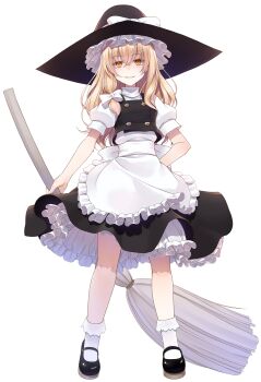 1girl apron black_hat black_shoes black_skirt black_vest blonde_hair bow bowtie broom buttons commentary_request crote frilled_apron frilled_skirt frills full_body hair_between_eyes hand_on_own_hip hat hat_ribbon highres holding holding_broom kirisame_marisa large_variant_set legs_apart long_hair looking_at_viewer mary_janes parted_lips puffy_short_sleeves puffy_sleeves ribbon shoes short_sleeves skirt smile socks solo standing tachi-e touhou transparent_background variant_set vest white_apron white_bow white_ribbon white_socks witch_hat yellow_eyes