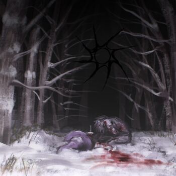 2others bare_tree black_hair blood blood_splatter blood_stain catnip_cataria character_request dagger forest forsaken_(roblox) full_body grass hashtag-only_commentary hat head_down highres impaled kneeling knife multiple_others murder nature night no_shirt short_hair slouching snow spawn_(roblox) tree two_time_(forsaken) weapon winter