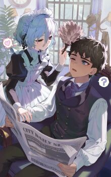 2boys ? alternate_costume apron bags_under_eyes black_dress black_eyes black_hair blue_eyes chair collared_dress crossdressing crossdressing_(mtf) curly_hair dark-skinned_male dark_skin dress dungeon_meshi duster elf enmaided feather_duster frilled_apron frills grey_hair heart highres holding holding_duster holding_newspaper implied_yaoi indoors juliet_sleeves kabru lazy_eye long_sleeves maid maid_apron maid_headdress male_focus male_maid mayomayoland mithrun multiple_boys newspaper notched_ear on_chair one_eye_closed open_mouth pants pointy_ears puffy_sleeves shirt short_hair sitting spoken_heart spoken_question_mark trap uneven_eyes vest white_apron window